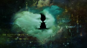 Human Dreams series. Backdrop design of Fused human forms, fractal shapes and textures to provide supporting composition for works on mind, imagination, unity, friendship and love